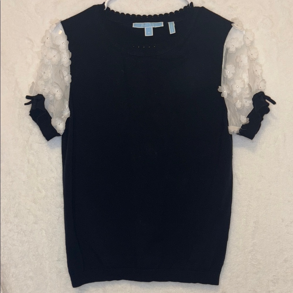 Draper James Black Blouse with White Floral Sleeves